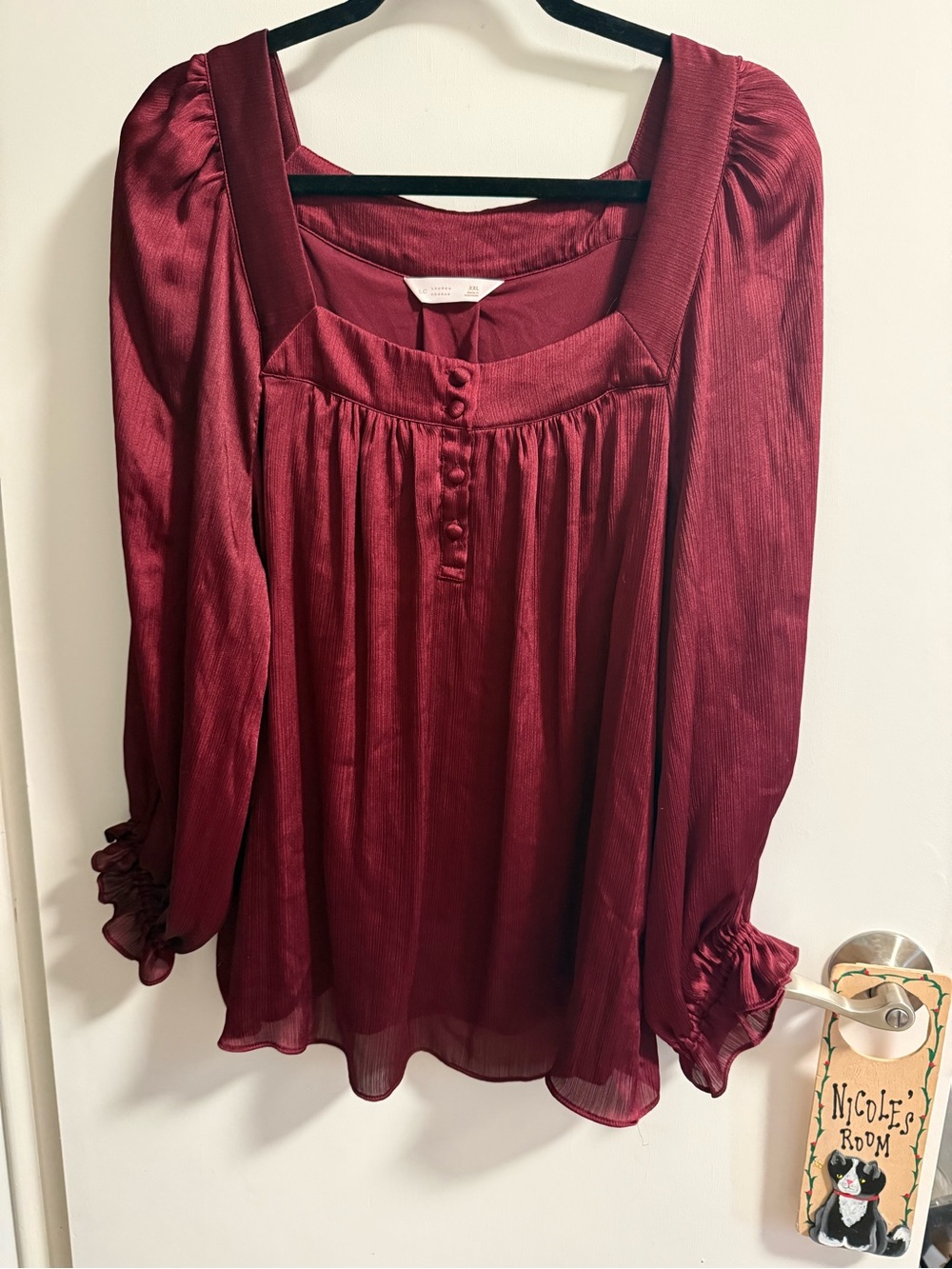 LC Lauren Conrad Deep Burgundy Satin Square-Neck Blouse